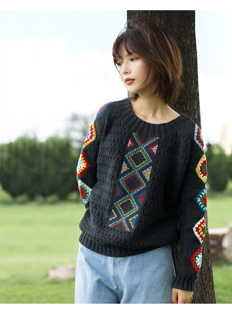 民族风花袖毛衣手工diy钩针编织秋冬毛线团材料包女墨斗潮品