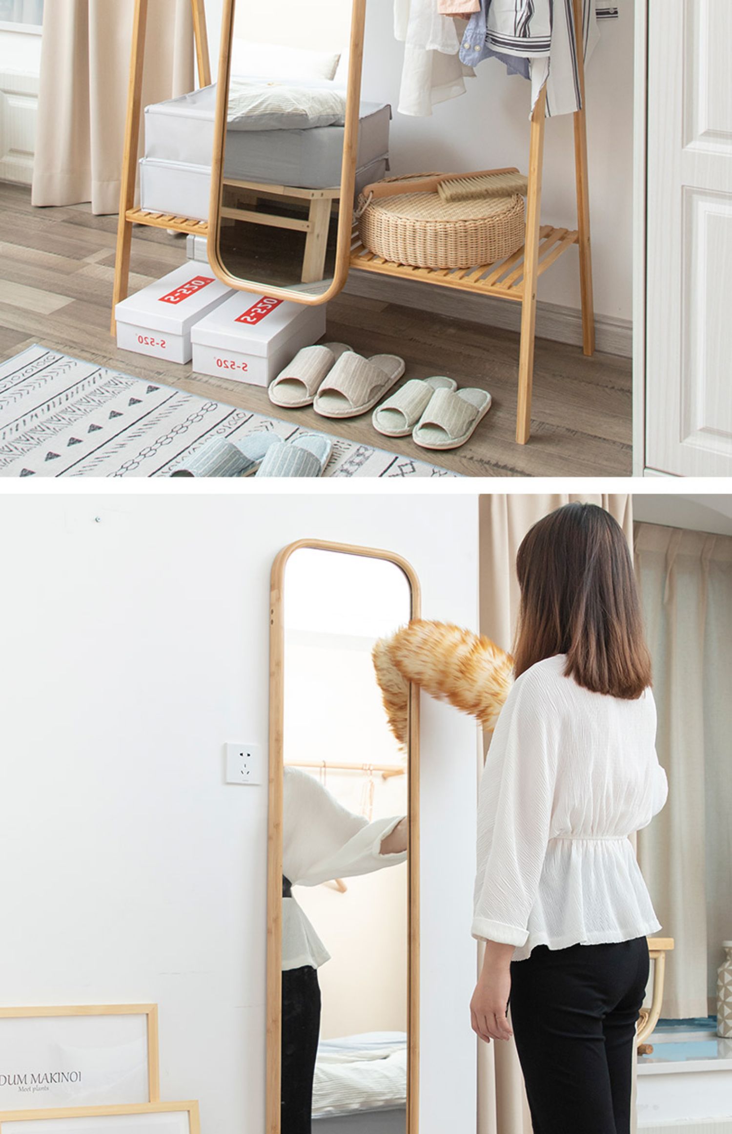 衣帽架镜子一体简易挂衣架落地卧室带全身镜家用穿衣镜北欧衣服架