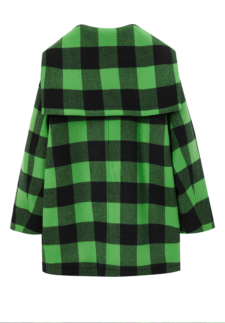 太平鸟绿色格子海军领大衣女冬2019新韩版小个子羊毛毛呢外套女