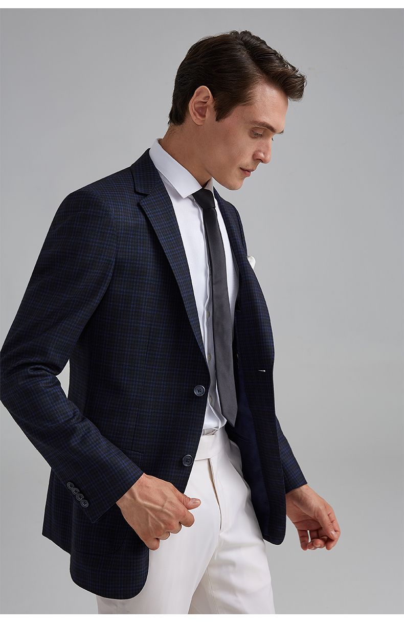 baromon培罗蒙秋男士单西黑蓝格子便西修身西装商务休闲西服外套