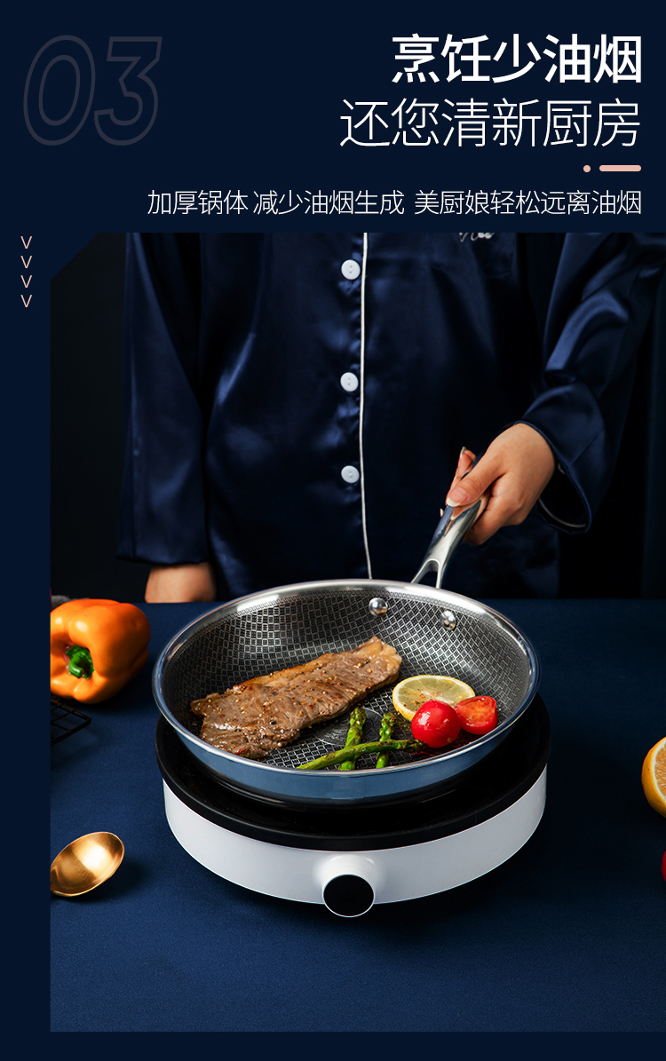 aemrcook阿米尔煎锅24cm 304不锈钢蜂窝晶纹煎锅 家用煎牛排锅煎饼锅