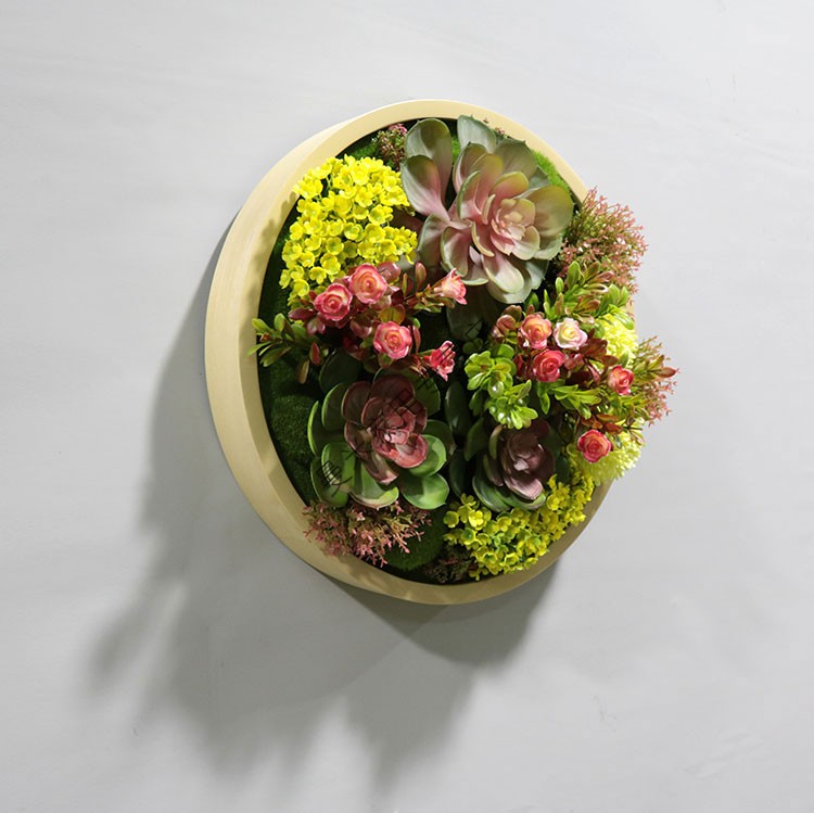 圆形仿真多肉绿植壁挂现代绿植墙壁饰仿真植物墙装饰圆框假花挂件