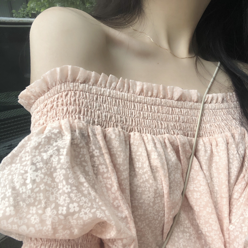 枫述sugar韩风chic花朵温柔可人香肩半露一字肩小碎花宽松松紧腰长裤