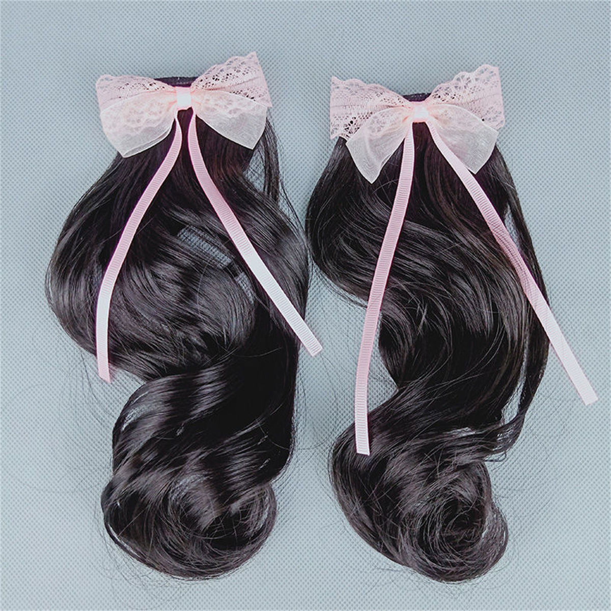 粉色蕾丝双层单马尾儿童假发女童卷发发夹蝴蝶结发饰头饰卷时尚宝宝