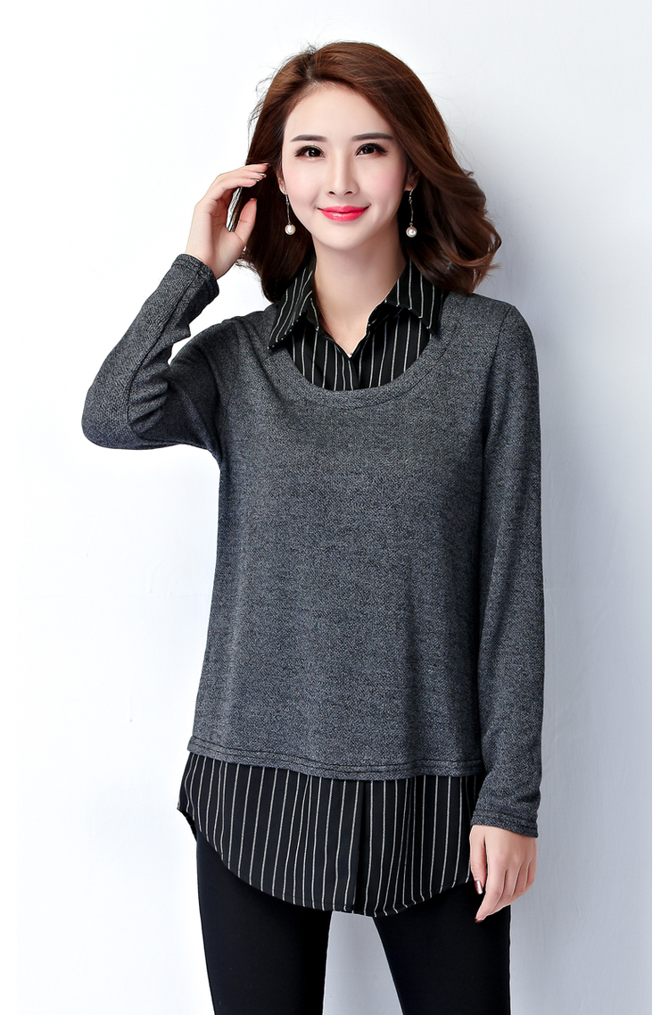 超级新品 秋装大码女装中长款假两件长袖t恤女上衣女士外穿秋衣打底衫