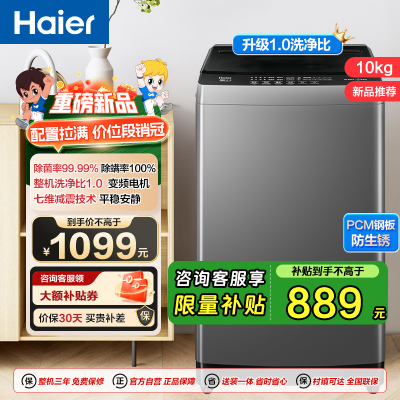 海尔(Haier)10公斤 变频 全自动 波轮洗衣机 1.0洗净比 纳米微泡净 除菌除螨 XQB100-BZ20B0