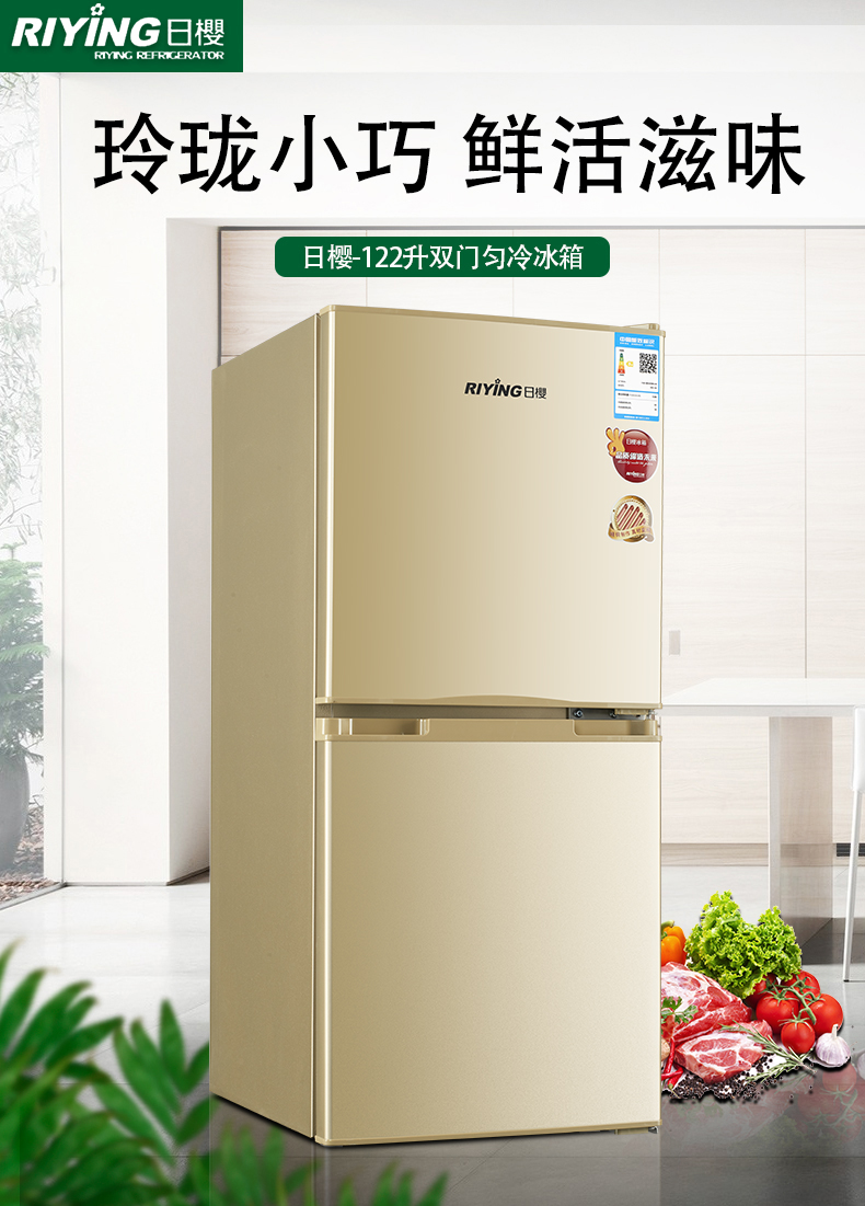日樱riying122升双门冰箱节能低噪两门小型家用直冷电冰箱冷藏冷冻