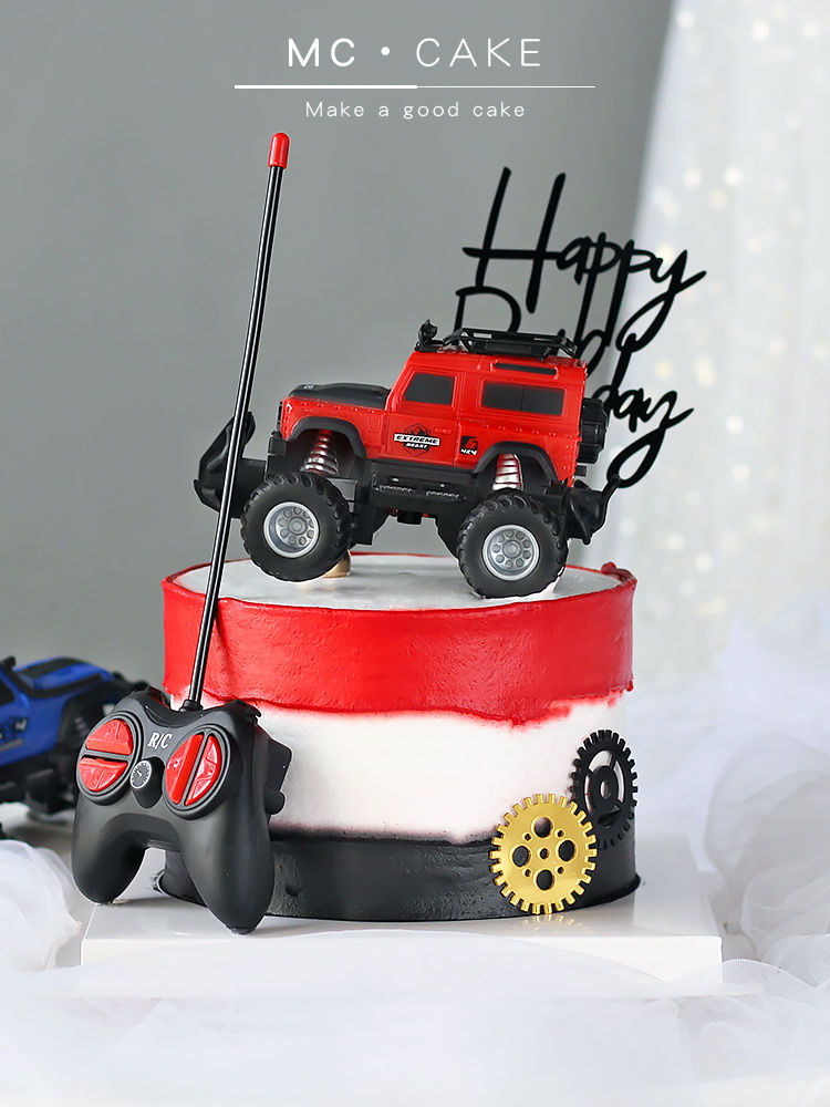 红色遥控车烘焙蛋糕装饰遥控越野车摆件创意男孩生日派对主题蛋糕装扮