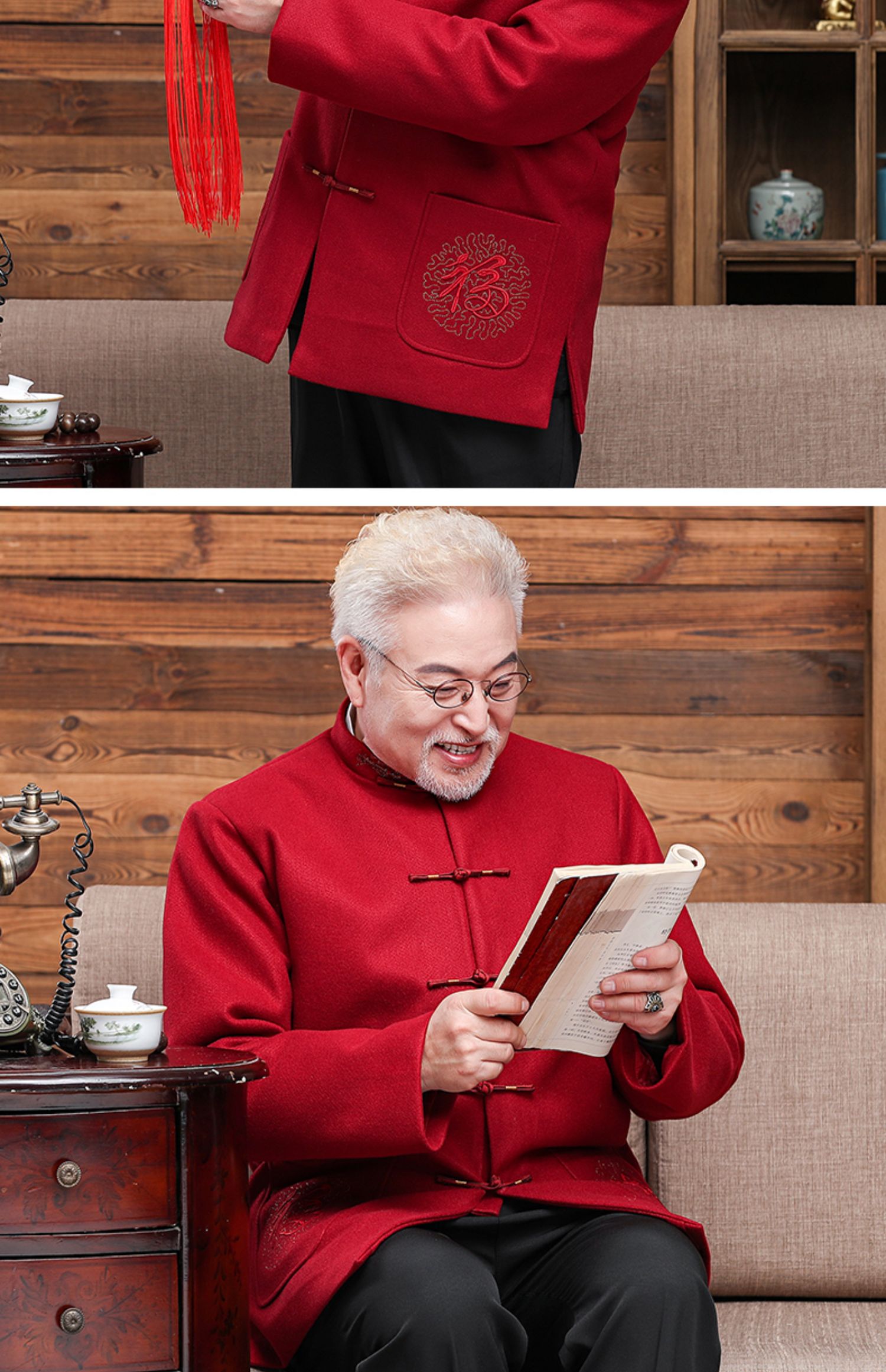 【奥敦曼(olderman)民族服装】 老人头2021秋冬季唐装男爸爸外套中