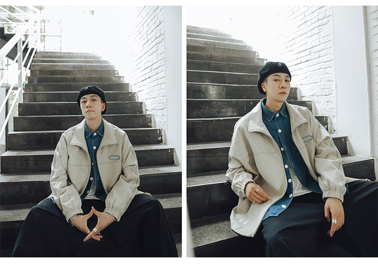 yuansu春秋拼接立领宽松夹克男潮牌衣服日系休闲青年帅气外套夹克