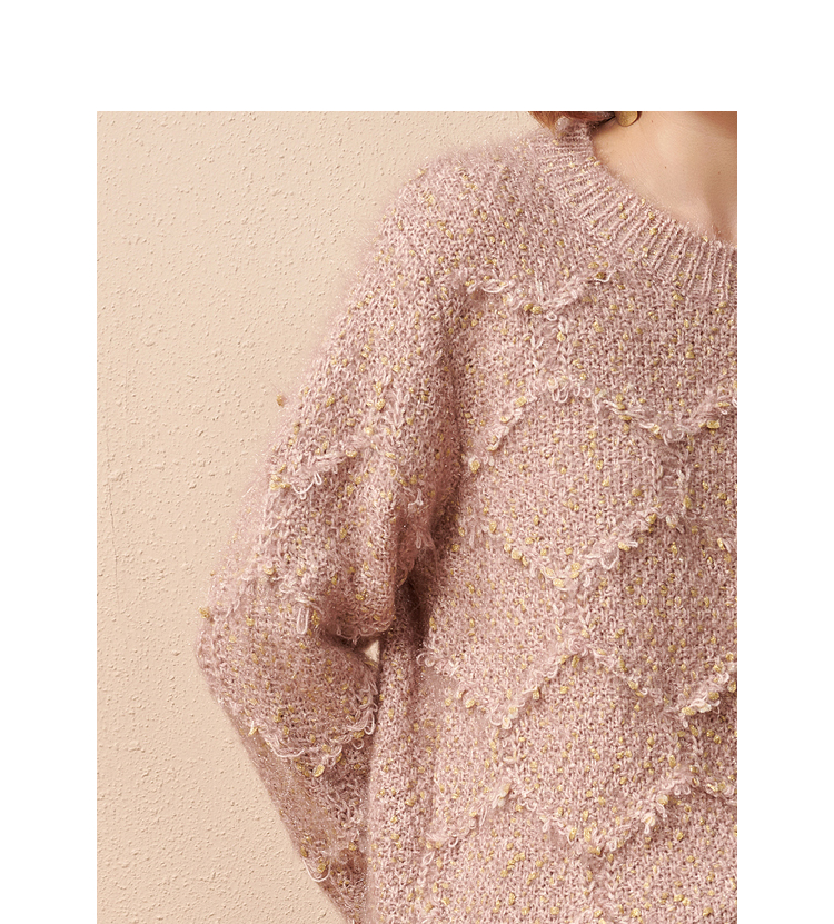 欧昵雪冬装圆领几何肌理显瘦毛衣女宽松慵懒风针织衫