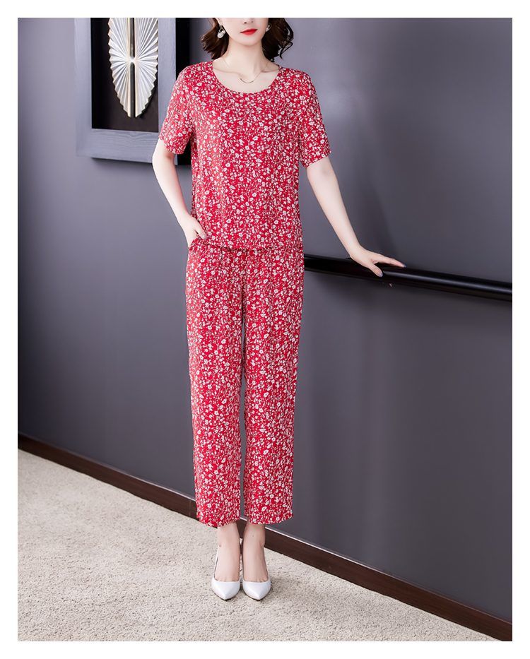 棉绸套装女夏外穿宽松短袖九分裤两件套绵绸大码中老年妈妈家居服9号