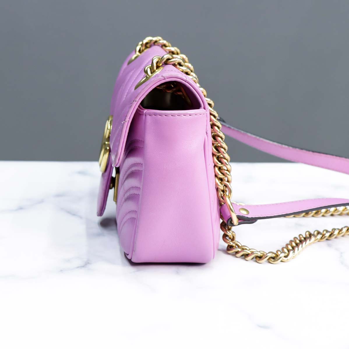 二手95新gucci古驰marmont26紫粉色小号链条包女士女款单肩包