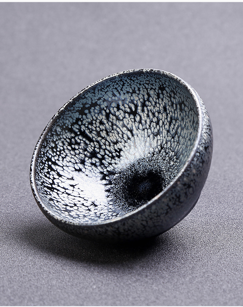 凯斯唯嘉建阳纯手工黑底银油滴鹧鸪斑天目釉钵型建盏杯功夫主人杯茶盏