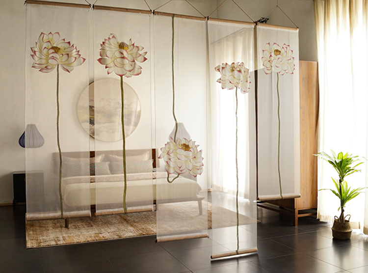 闪电客新中式屏风隔断禅意莲花现代中式手绘隔断屏风真丝吊挂