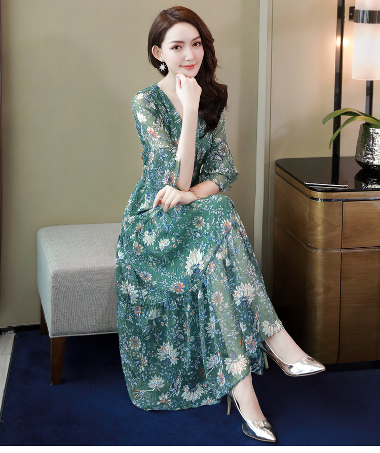 丝柏舍2020夏女v领双层喇叭袖大摆雪纺中长连衣裙s91r0920l