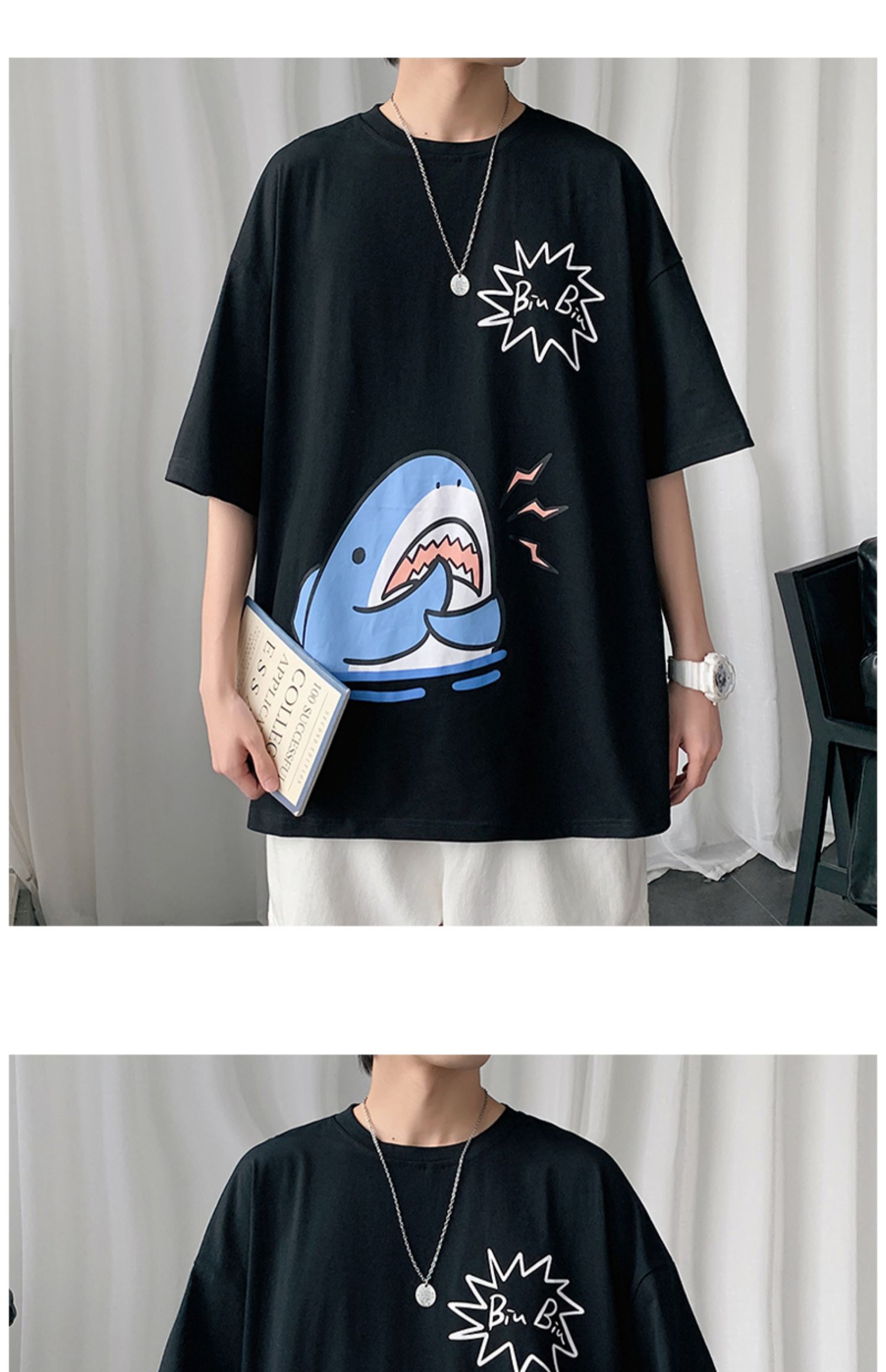 可爱小鲨鱼印花短袖t恤男潮流宽松百搭学生夏季衣服oversize上衣纯色