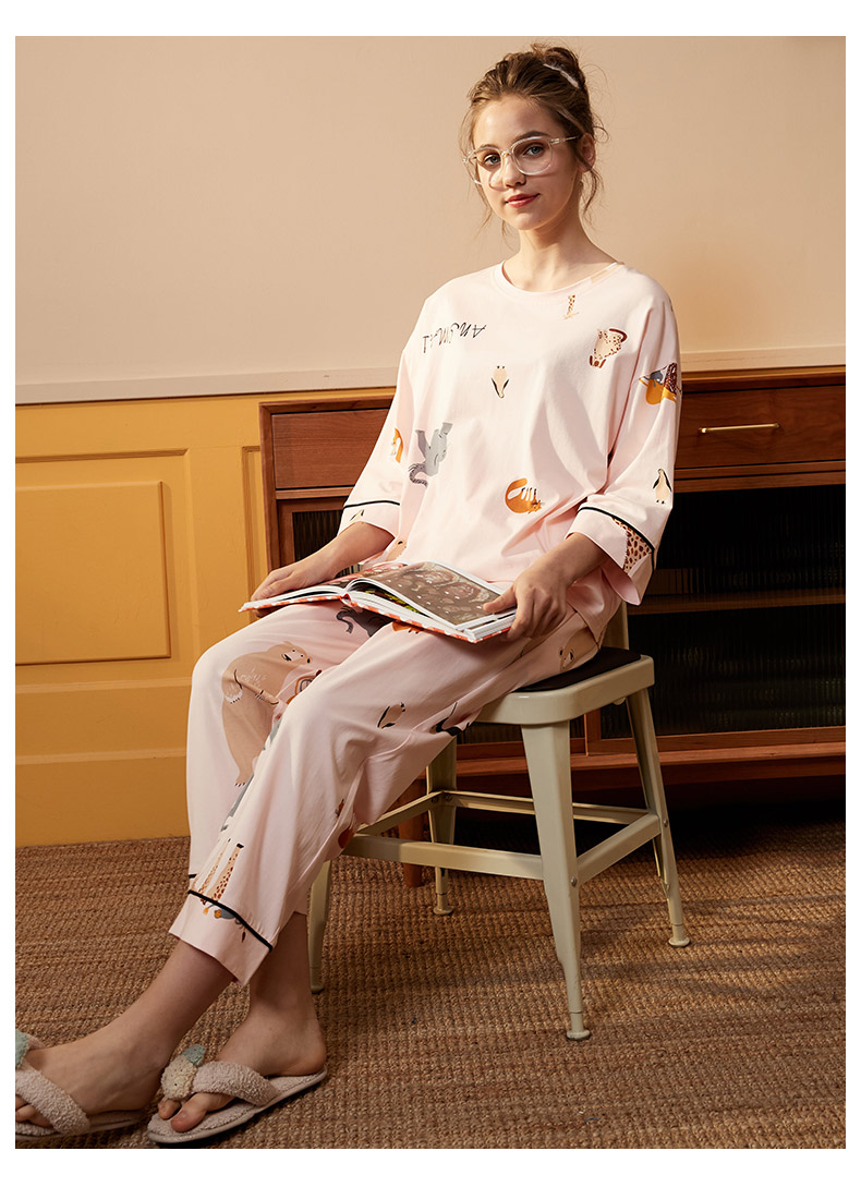 安之伴睡衣女春夏季睡衣纯棉弹力针织印花七分袖女家居服套装