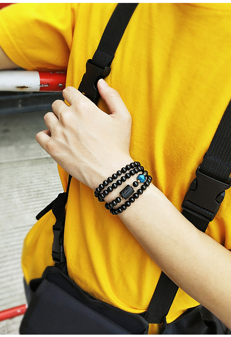 手链男潮黑曜石佛珠925银手饰蓝虎眼石玛瑙十二生肖手串男士配饰