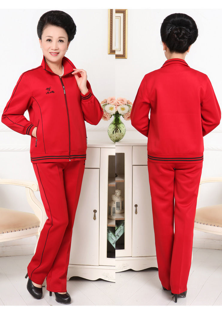 中老年运动服套装女春秋季新款妈妈装红色外套大码女装休闲两件套