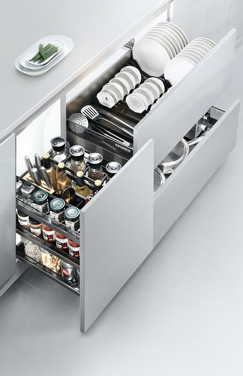 higold/悍高 单层拉篮碗碟拉篮调味篮实心厚碗碟篮不锈钢厨房橱柜阻尼