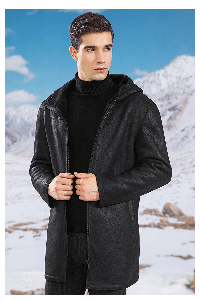 雪豹皮毛一体男装真皮皮衣男2019冬季加绒加厚连帽中长款外套