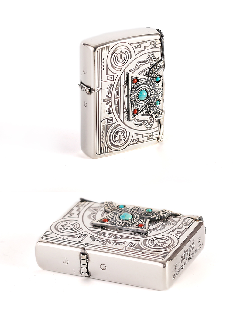 打火机zippo正版 日版 镀银三面环绕刻 绿松石贴章 印第灵 绿松石贴章