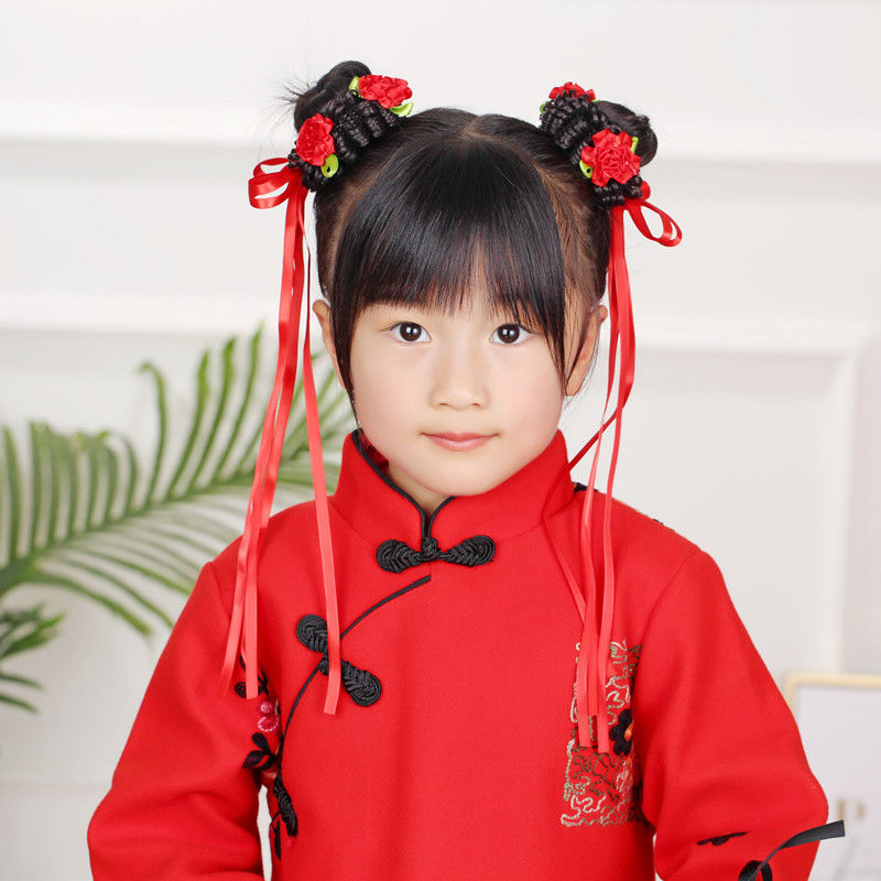 儿童发饰古风头饰汉服演出头花女童花苞头小女孩丸子头假发圈盘发蝴蝶