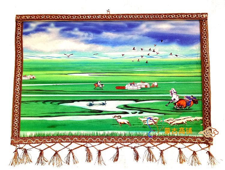 蒙古彩毡画内蒙古特色草原工艺品挂画蒙古包餐厅装饰画羊毛毡画横版