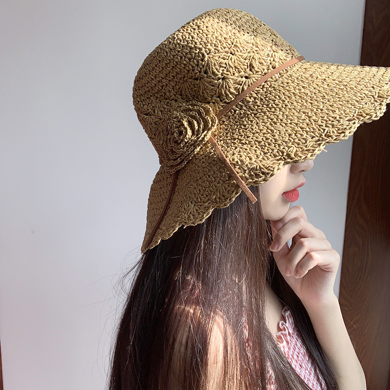 花朵草帽子拉菲草编可折叠凉帽遮阳防晒帽大帽檐旅游淑女甜美海边米色