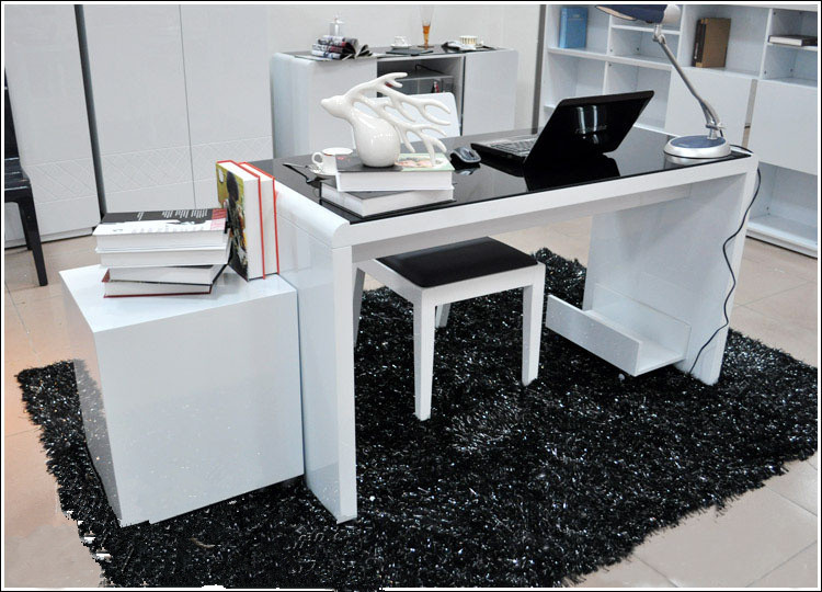 苏宁精品白色钢琴烤漆电脑桌办公桌书桌家用简约现代写字台式玻璃镜面