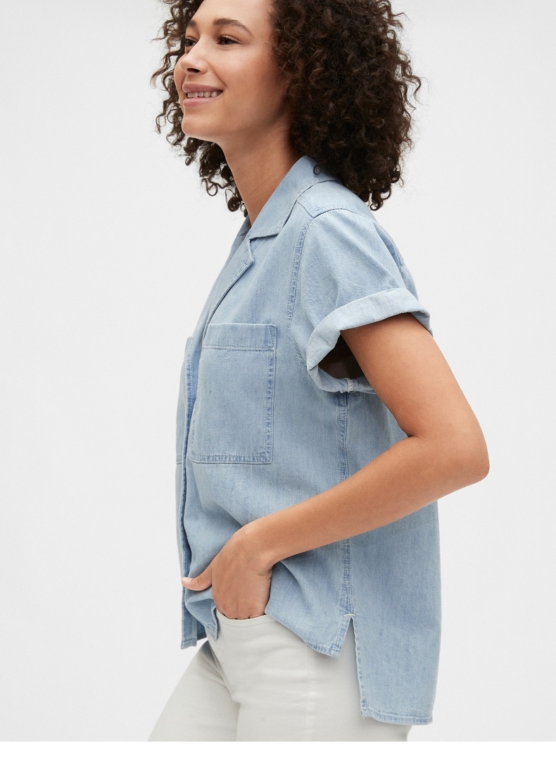 gap女装纯棉翻领短袖牛仔衬衫秋季5775302020新款女士休闲上衣