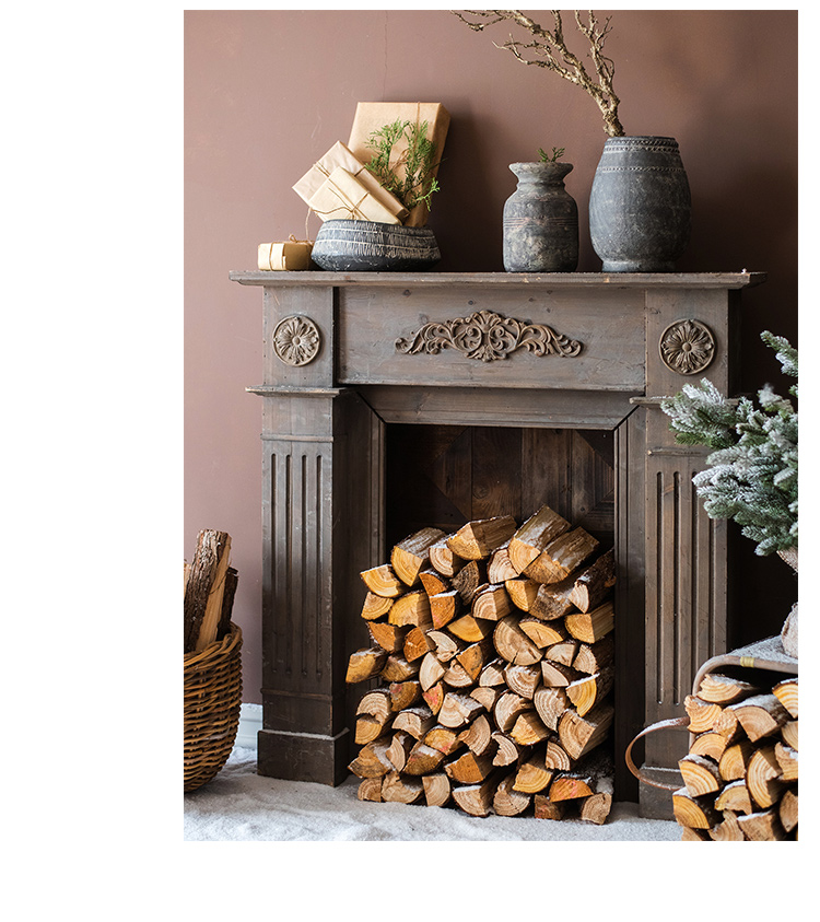 美帮汇实木壁炉原木色美式花装饰摆件