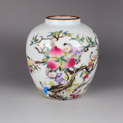 清光绪九子蟠桃瓷罐中式陶瓷罐子仿古瓷器居家居桌柜摆件单罐