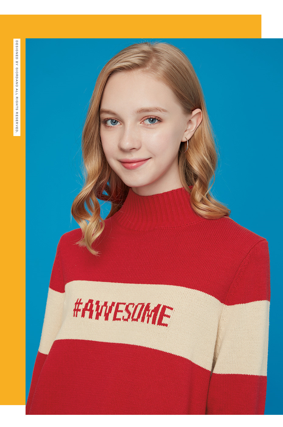 自营 佐丹奴长袖针织衫女装英文字母刺绣撞色半高领套头衫毛衣