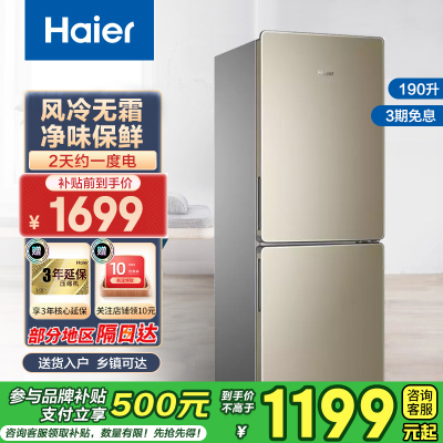 海尔(Haier)190升双门冰箱 风冷无霜 节能家用电冰箱 两门冰箱 家用小冰箱BCD-190WDPT