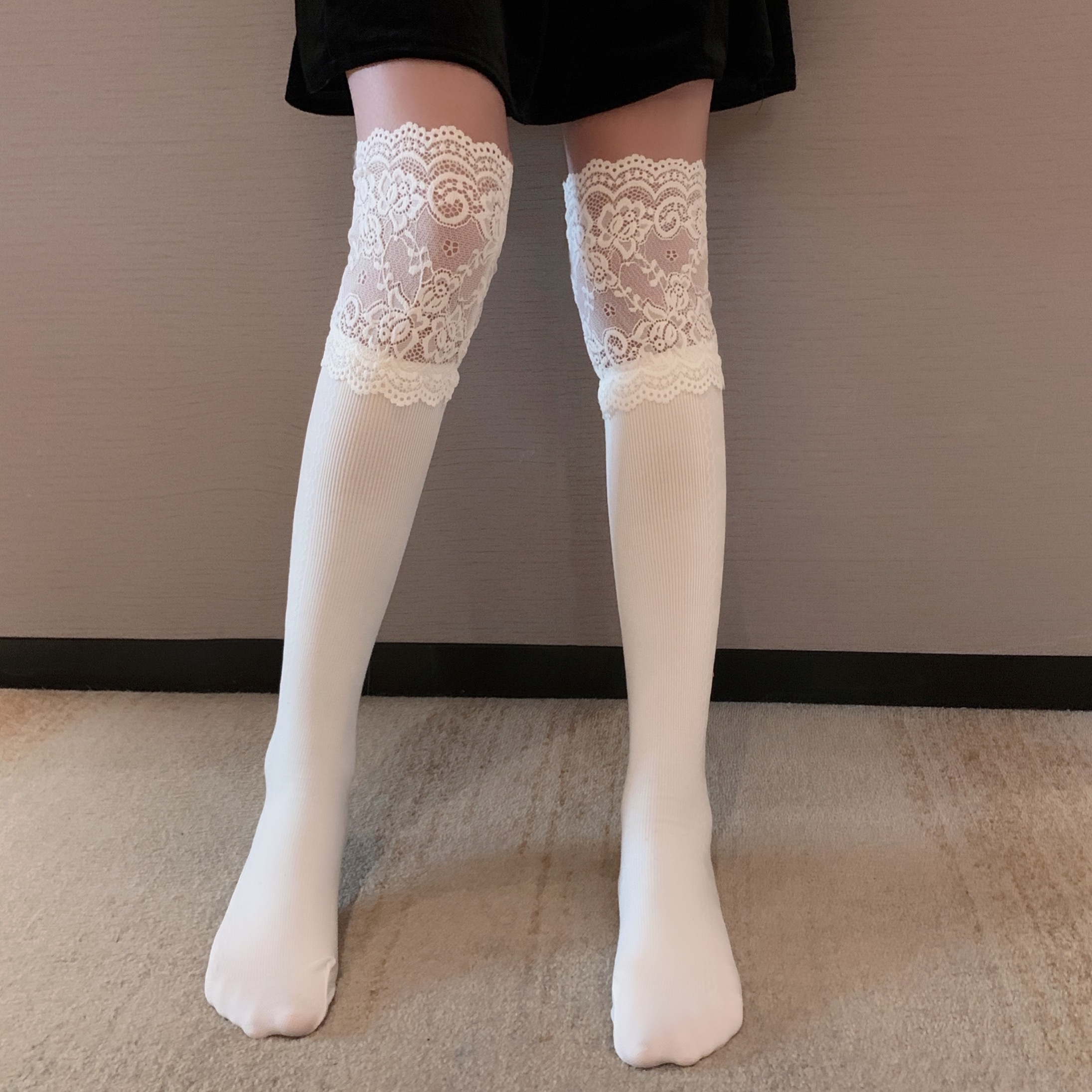 蕾丝花边过膝靴袜女春装2021新款网红中筒袜韩版百搭jk袜子ins潮黑色