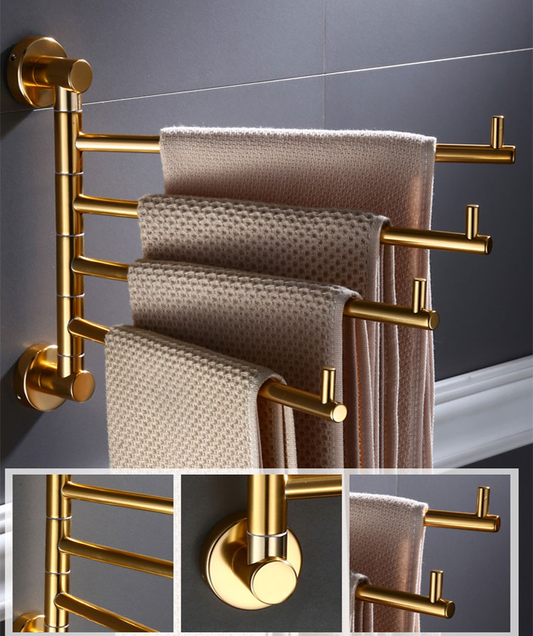 金色毛巾架免打孔卫生间置物架毛巾杆底座可旋转实心双杆加长浴室创意
