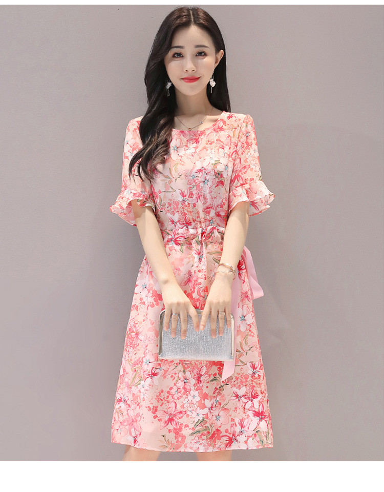 丝柏舍2020春季女韩版圆领小碎花喇叭袖连衣裙s92r0358l