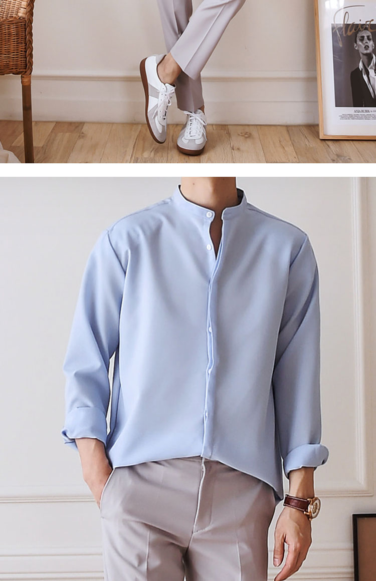 超级新品 suntek冰丝夏薄款无领白衬衫男士长袖韩版休闲网红很仙的