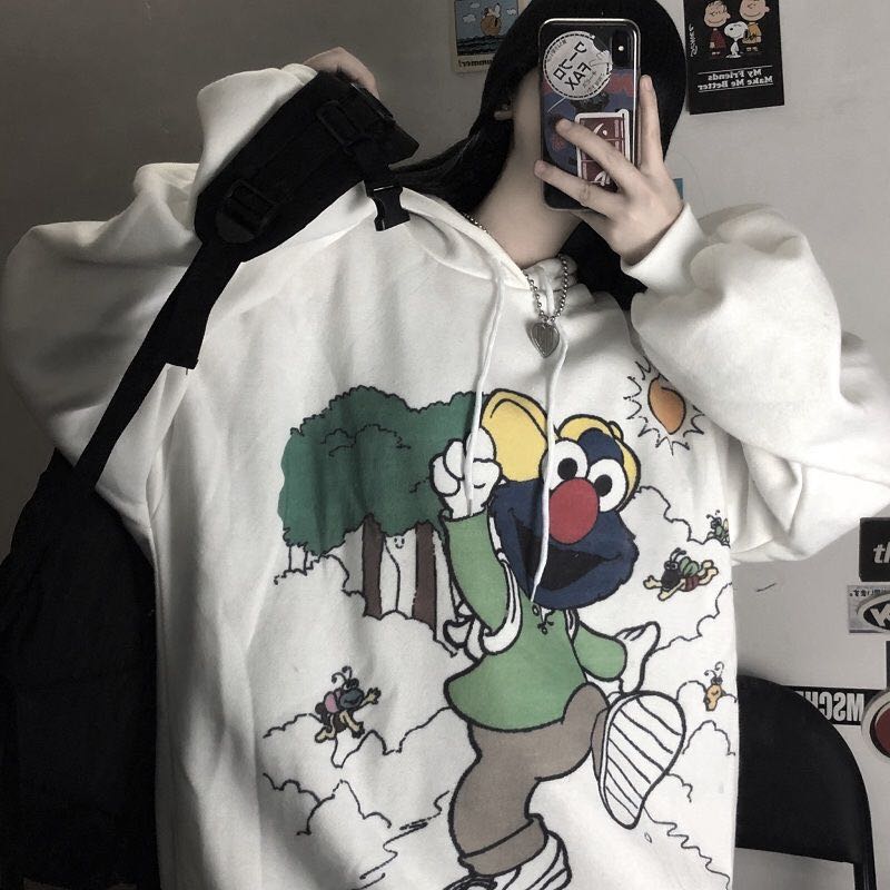 暖青汇女士卫衣/帽衫 春季韩版新款宽松印花加绒加厚连帽卫衣女学生