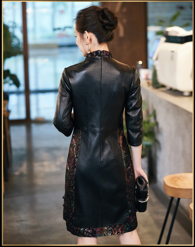 2019秋季真皮皮衣海宁女装绵羊皮印花旗袍修身长款外套w