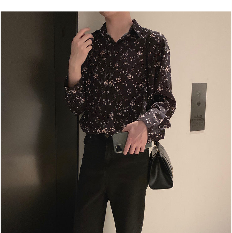 梵克公牛时尚黑色碎花衬衫男长袖韩版新款风流新款衬衣 黑色