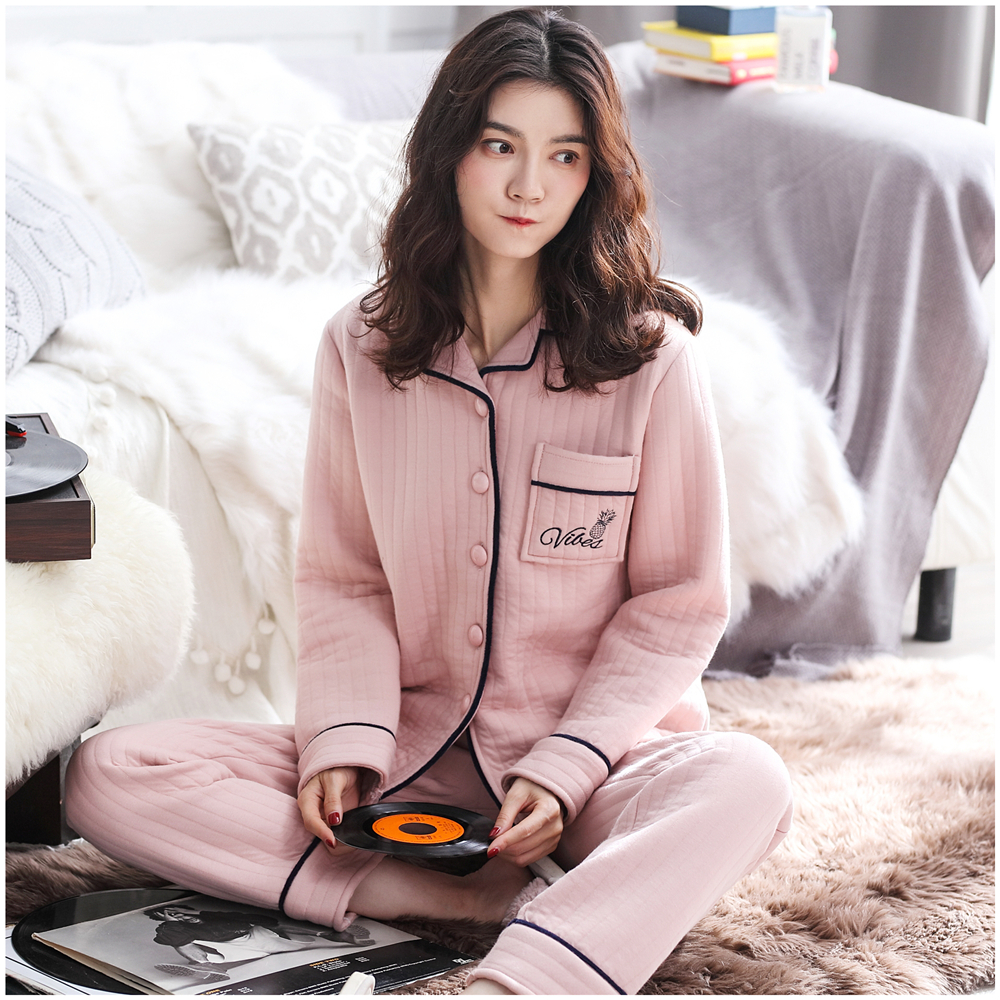 热卖秋冬季睡衣女士三层薄夹棉纯棉套头空气棉家居服套装加厚保暖夹层