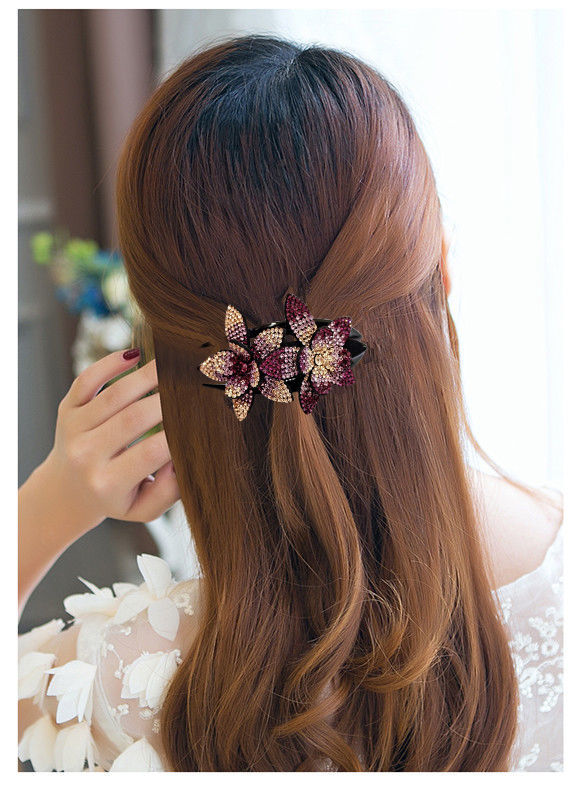 新款捷克拉水钻花朵大鸭嘴夹韩版典雅女士盘发燕尾夹发卡夹子插梳双花