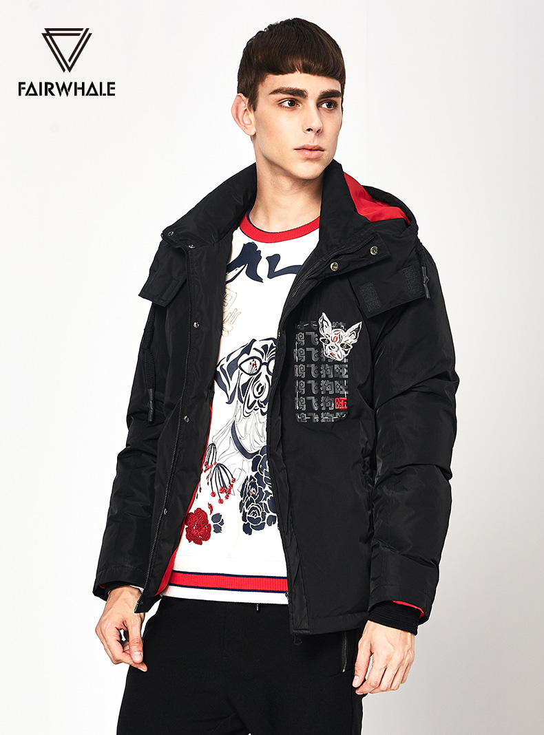 马克华菲冬新款可爱狗头印花撞色休闲短款男士羽绒服