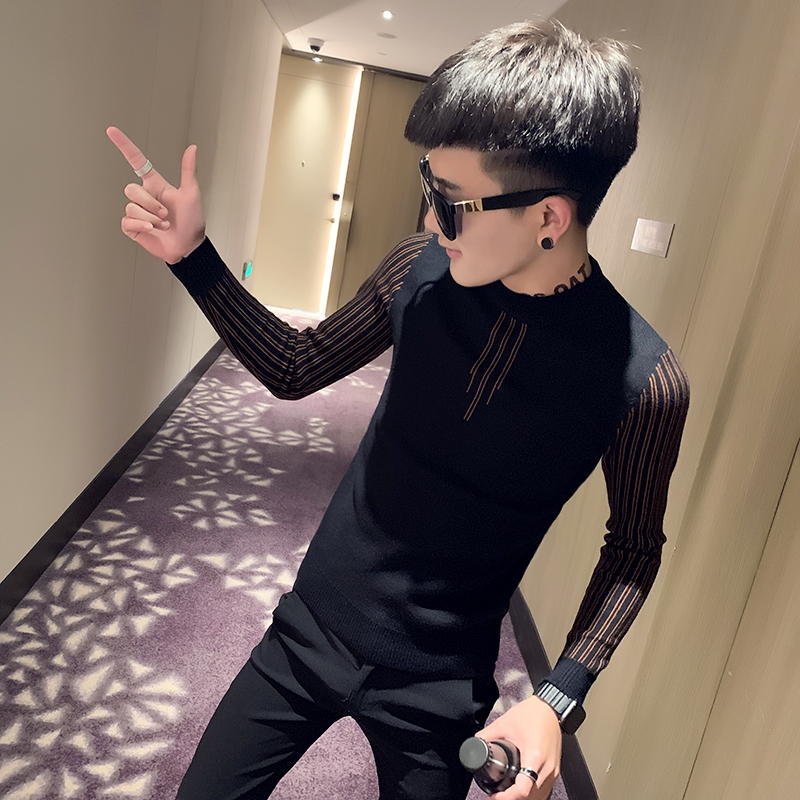 网红款毛衣男潮流帅气打底针织衫社会人精神小伙潮牌修身条纹长袖
