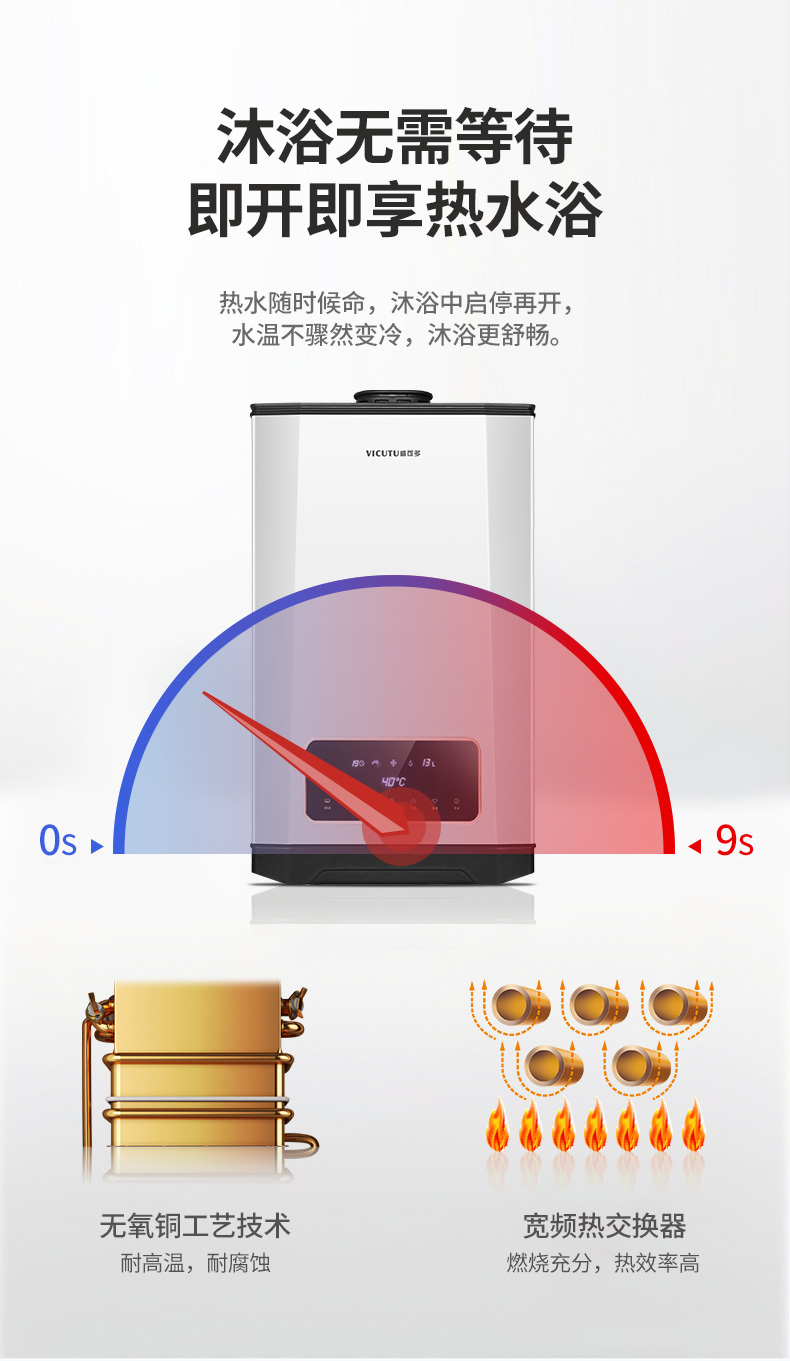 威可多(vicutu)燃气热水器 jsq30-16v2 玻璃喷涂白家用热水器 16升