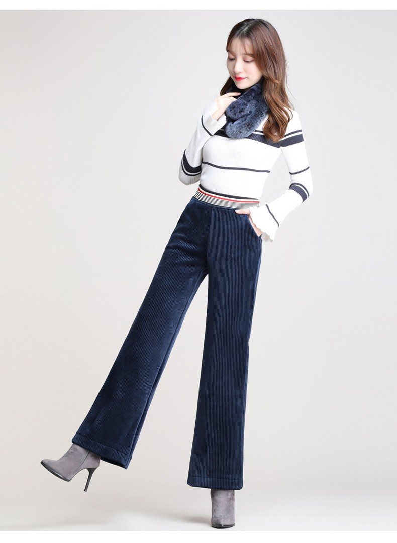 灯芯绒女裤高腰宽松阔腿休闲裤加绒喇叭裤松紧腰条绒中筒微喇裤子