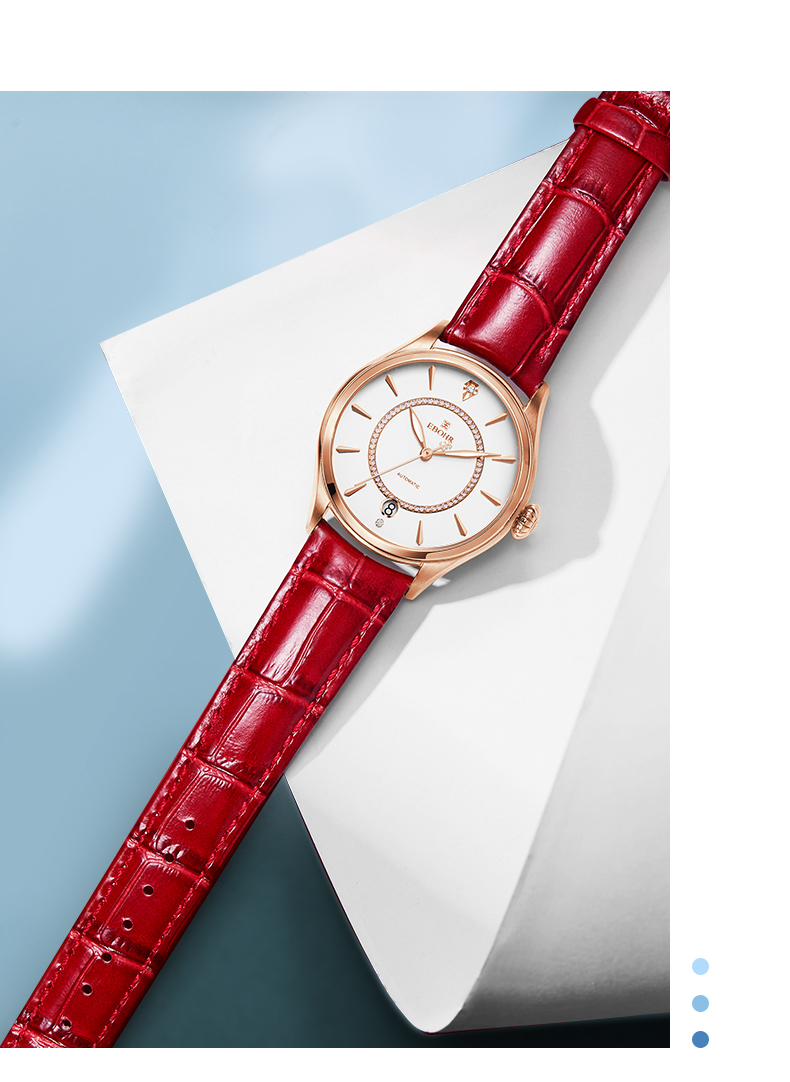 ebohr依波手表蝶恋花系列防水简约红色皮表带自动机械表女50sn19